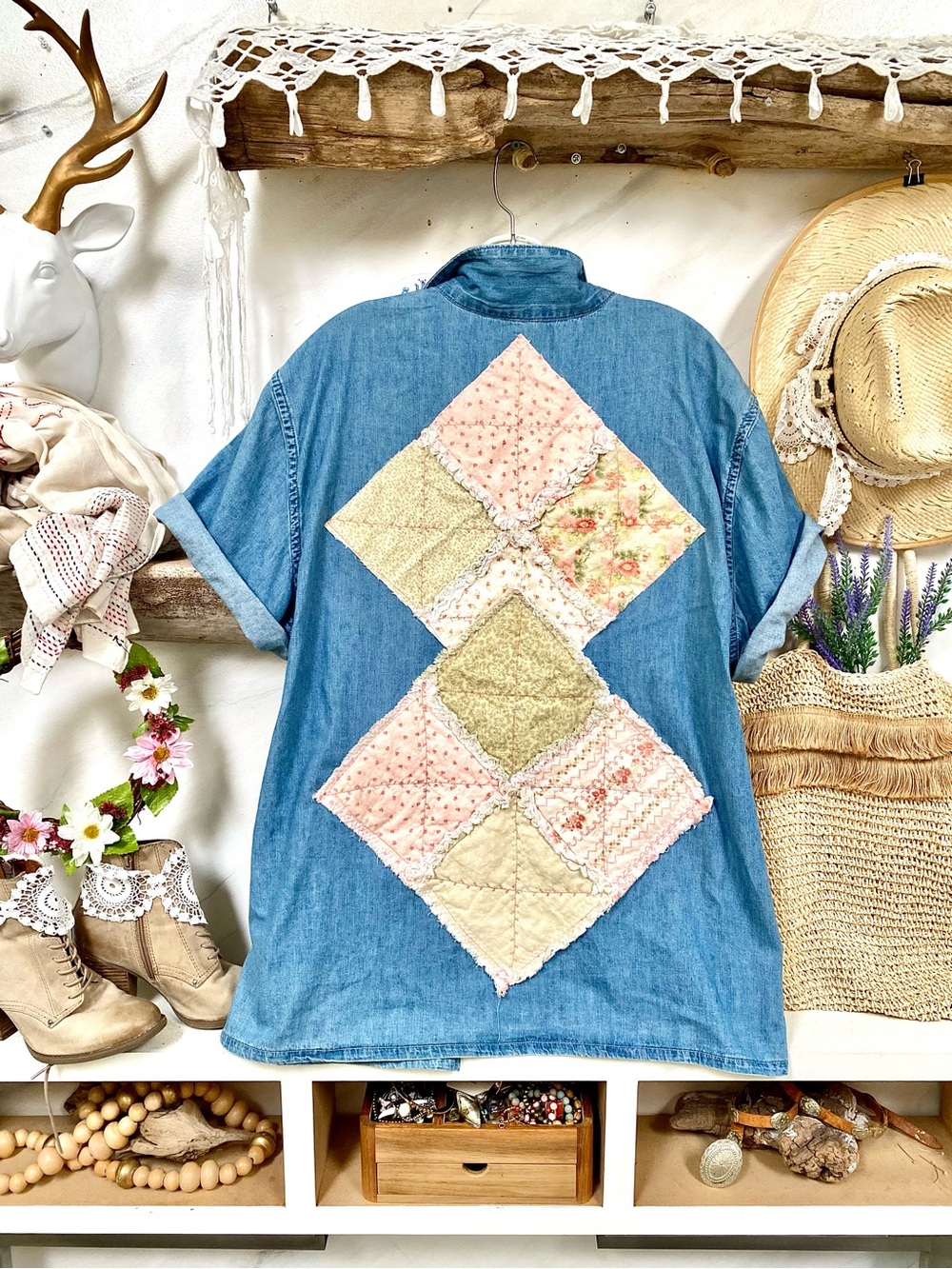 Upcycled Patchwork boho summer cover up jacket /tunic/mini dress rustic vibe